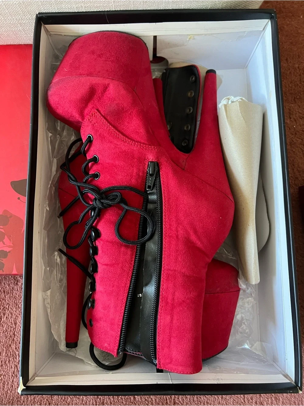 Pleaser Red Platform Lace-Up Ankle Boots with Side Zipper